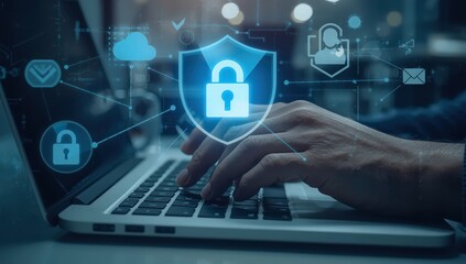 A person using a laptop with a digital security shield and padlock overlay for data protection