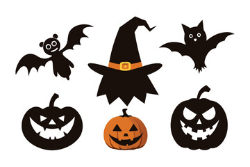 Halloween Witch Hat, Cartoon Bats, and Smiling Pumpkins Isolated on White Background