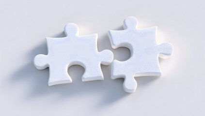 Obraz premium Two interlocking white puzzle pieces symbolize connection and problem-solving. Ideal for concepts of teamwork, unity, and creativity in various designs.