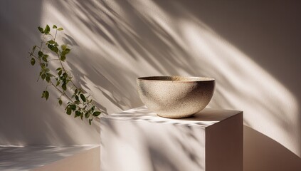 A speckled, off-white ceramic bowl rests on a white cube, bathed in soft, dappled sunlight.  A vine with small green leaves trails to the left