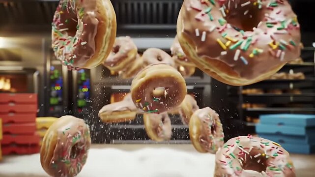 Dynamic Rotating Chocolate Donuts with Rainbow Sprinkles Levitating in a Blurred Bakery Setting - Powered by Adobe