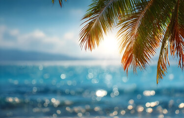 Fototapeta premium A serene beach scene featuring lush palm leaves silhouetted against the sparkling ocean, capturing the essence of relaxation and tropical bliss.