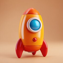 3D render of a cartoon rocket.  Bright orange and yellow rocket, simple design,  stylized  window,  red fins,  pastel background
