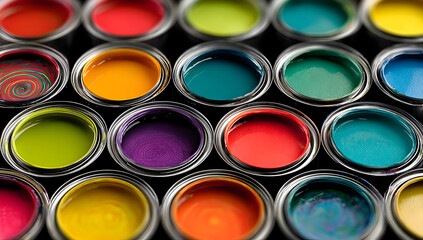 Fototapeta premium A vibrant assortment of paint colors in metal containers showcasing a rich variety of hues perfect for artistic projects and creative inspiration.