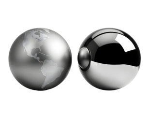 Spherical Metallic Globes World Map and Chrome Orb on Transparent