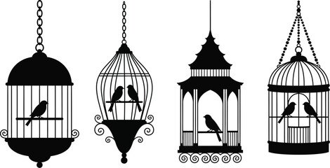 A collection of birdcage silhouettes with birds inside them