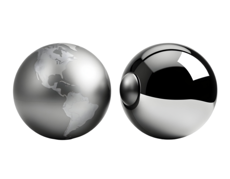 Spherical Metallic Globes World Map and Chrome Orb on Transparent