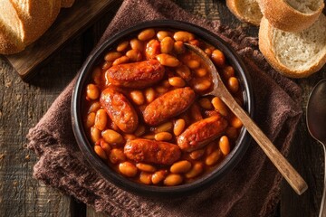 Hearty sausage and bean stew in a bowl