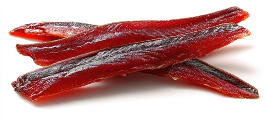 Dried, reddish-pink fish fillets, arranged in overlapping layers,  with visible textures and a slightly rough surface