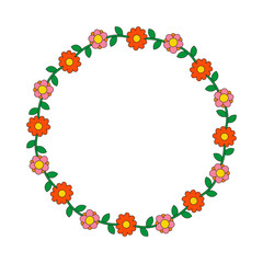 Floral wreath frame with pink and orange cartoon flowers and green leaves. Сute decorative botanical round border for cards, invitations, scrapbooking. Vector illustration.