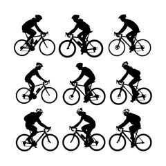 Fototapeta premium Cyclist Riding Bicycle Silhouette Set Clipart On White Background