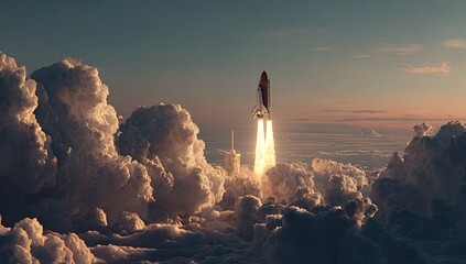 Space shuttle ascends through a dramatic, sun-drenched cloudscape at dawn, fiery exhaust illuminating the scene
