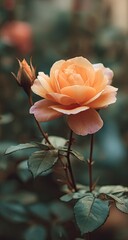 A peachy-pink rose in full bloom, accompanied by an unopened bud, stands majestically against a blurred, muted green backdrop.  The image features soft, natural lighting