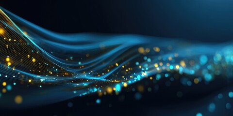 Abstract wave of shimmering blue and gold particles on a dark background