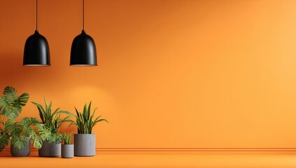 Minimalist interior scene featuring a vibrant orange wall, two black pendant lights, and various potted plants in grey containers
