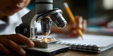 Child Using Microscope with Notebook in School Science Lab, Warm Light and Shallow Focus perfect for STEM education materials, science fair posters, tutoring ads and classroom blog headers