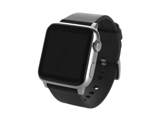 Modern Smartwatch with Blank Screen, Black Strap, Isolated on Transparent Background