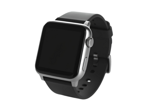 Modern Smartwatch with Blank Screen, Black Strap, Isolated on Transparent Background