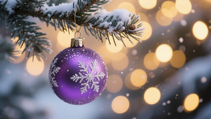 A Christmas scene featuring a stunning purple ornament adorned with sparkling glitter and delicate snowflakes. Christmas, Christmas Tree, Merry Christmas, Christmas Background, Christmas Lights