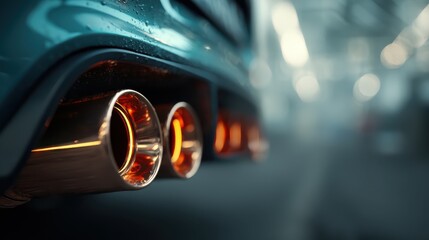 A close-up view of a car's exhaust system, showcasing chrome tips with glowing elements and a blurred background, emphasizing automotive design and performance.