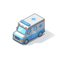 Isometric illustration of a light gray and light-blue ambulance.  The vehicle has a large light-blue cross on its side, typical emergency vehicle features, and a simple, 3-dimensional design
