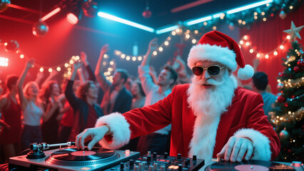 A charismatic DJ dressed as Santa Claus, complete with a red suit, white fur trim, and a festive hat, is spinning records at a lively holiday party. Christmas, Christmas Tree, Merry Christmas