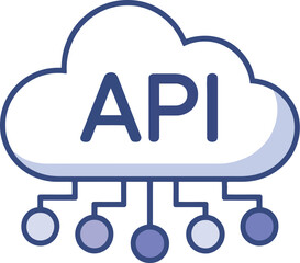 A blue and white cloud with the letters api inside and connections to circles below on a white background