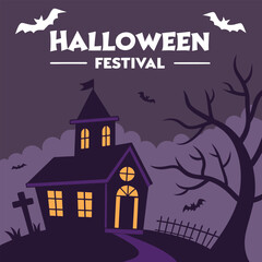 Spooky halloween festival scene featuring a haunted house with glowing windows and flying bats against a dark purple sky