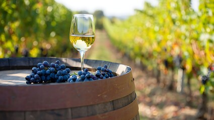 Enjoying fine white wine amidst a picturesque vineyard landscape with ripe grapes