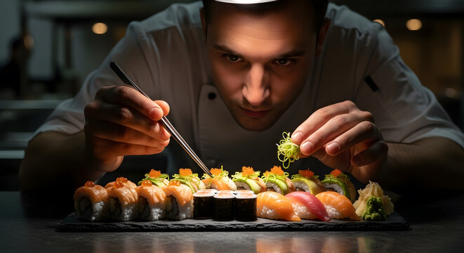 Sushi Artistry: Chef Carefully Plating Fine Dining Cuisine