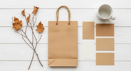 Autumn composition with a brown paper shopping bag, dried leaves, color swatches, and a mug on a white wooden table