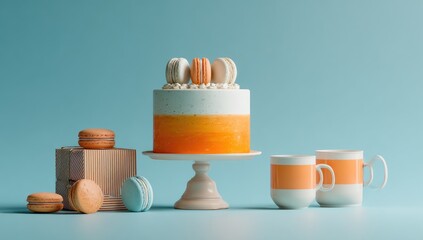 A two-toned orange and white cake sits on a pedestal, adorned with macarons.  Two mugs and a wooden box with more macarons complete the pastel-hued still life against a light blue background