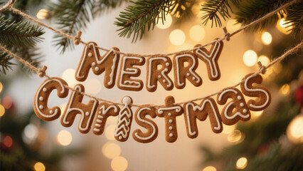 A charming Christmas-themed scene featuring 'Merry Christmas' spelled out in festive, decorative gingerbread letters, suspended on natural twine from lush evergreen branches. Christmas, Christmas Tree