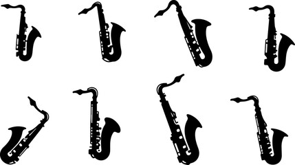 "Saxophone music, silhouette, jazz, musical instrument, black and white,  vector graphics