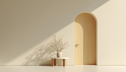 Minimalist interior scene featuring a light beige wall, arched wooden door, small round wooden table with dried floral arrangement in a ceramic vase, and sunlit shadows