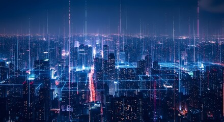 Futuristic Cityscape at Night with Digital Network Lines