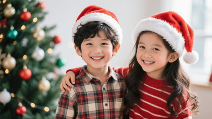 A charming holiday portrait featuring two young children, a boy and a girl, both wearing festive red and white Santa hats. Christmas, Christmas Tree, Merry Christmas, Christmas Background