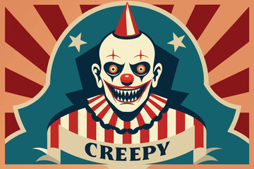 Obraz premium Illustrated Creepy Clown with Stripes, Stars and the Word Creepy Banner Sign