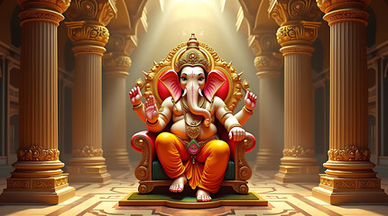 Lord Ganesha seated on a golden throne in a grand temple hall with ornate pillars and sunlight
