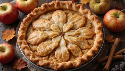 Rustic homemade apple pie with flaky crust, fresh apples and cinnamon sticks beside it, autumn style.