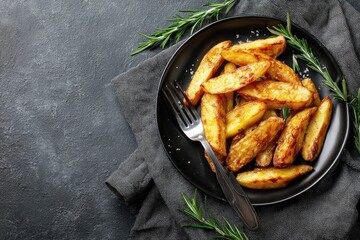 Roasted potato wedges on dark plate (1)