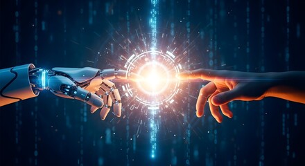 Futuristic Symbiosis: Robot Hand Touches Human Hand in Digital Interface