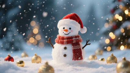 A charming winter scene featuring a cheerful snowman standing in the snow, adorned with a red Santa hat and a cozy scarf. Christmas, Christmas Tree, Merry Christmas, Christmas Background