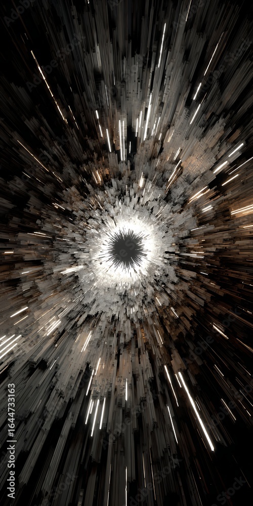 Poster abstract black and white vortex with radial light beams creates a dynamic and visually striking comp