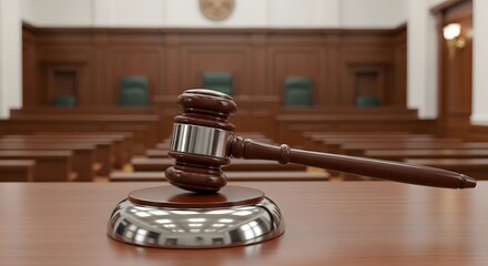 Gavel on Polished Wood in Blurred Courtroom