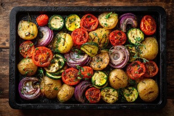 Roasted vegetables on a baking sheet