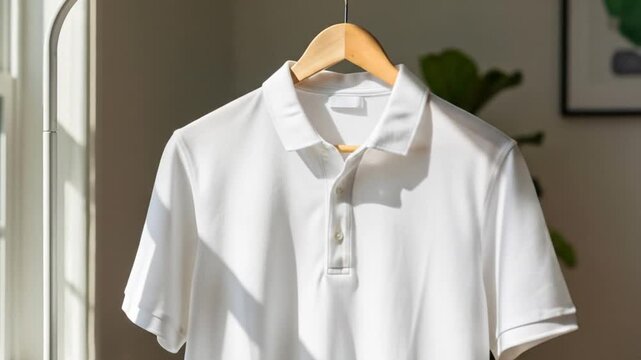 White Polo Shirt Hanging Simple, Stylish Clothing on a Wooden Hanger