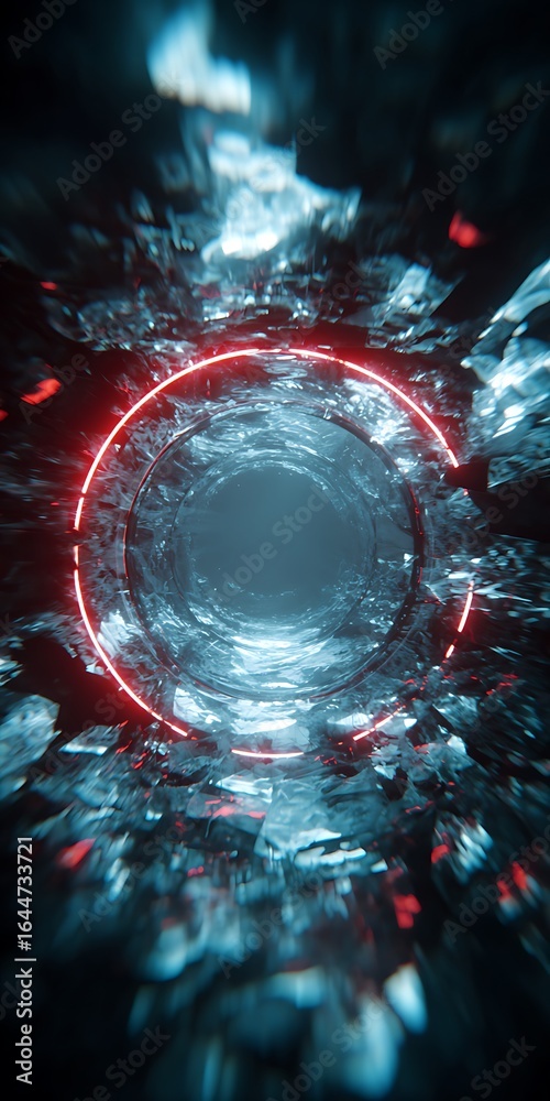 Wall mural abstract dark tunnel with neon circle light, creating a futuristic and mysterious background for var