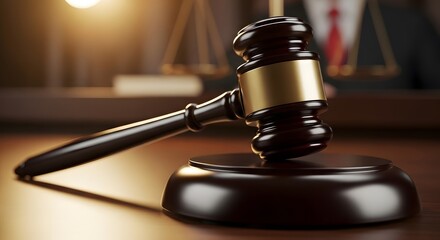 Gavel resting on sound block with scales of justice in soft focus background