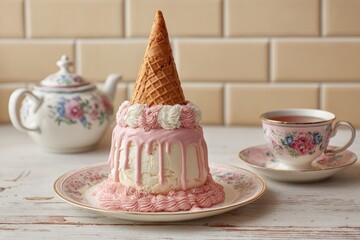 A whimsical ice cream cake, topped with a waffle cone, sits on a plate, accompanied by a teacup and teapot. Pink frosting and dripping white icing create a sweet, delicate presentation
